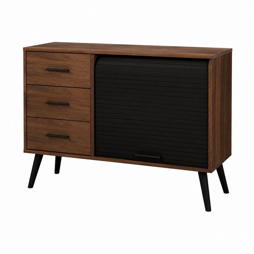 Kommode mit 3 Schubladen und Rollladentür Walnuss-Schwarz 120 x 40 x 85 cm