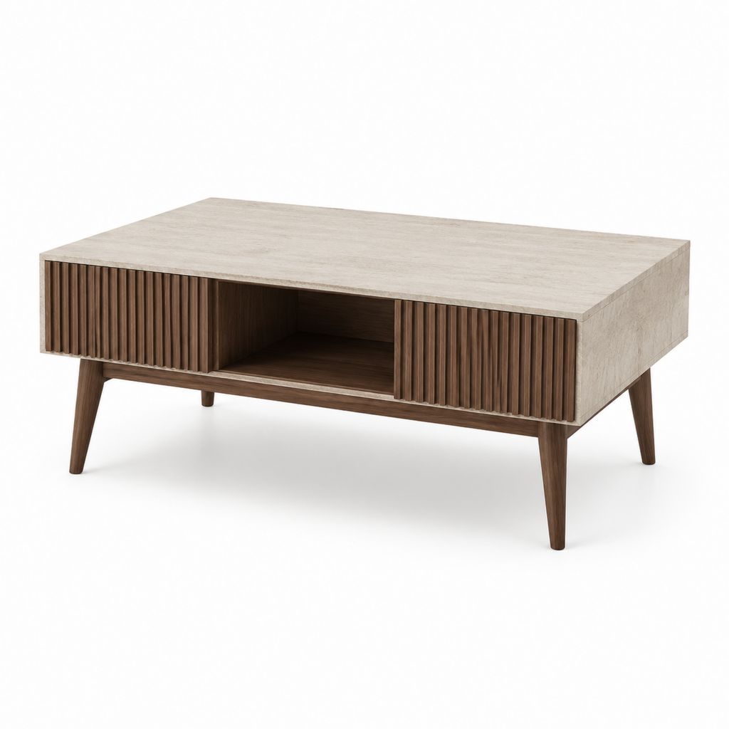 Couchtisch mit 2 Schubladen und offenem Fach Beige Nussbaumfurnier Sinterstein rechteckig 100 x 60 x 45 cm