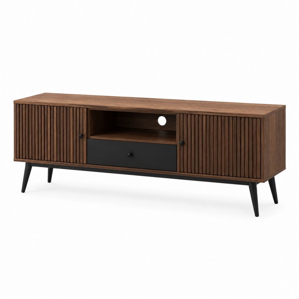 TV-Lowboard walnussfarben aus MDF rechteckig mit Lamellentüren und Schublade 160 x 40 x 55 cm