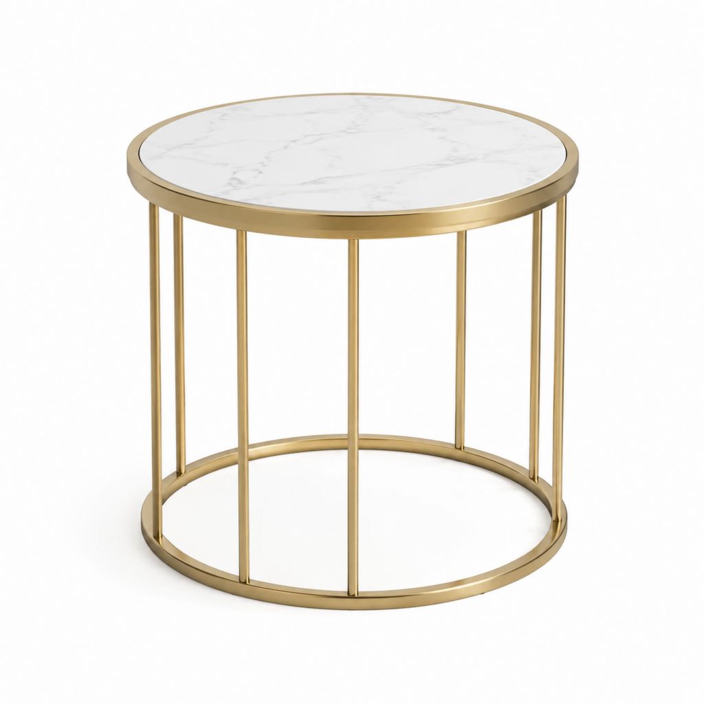 Runder Couchtisch Weiß Gold mit Sintersteinplatte und Stahlgestell Ø 50 x 50 cm